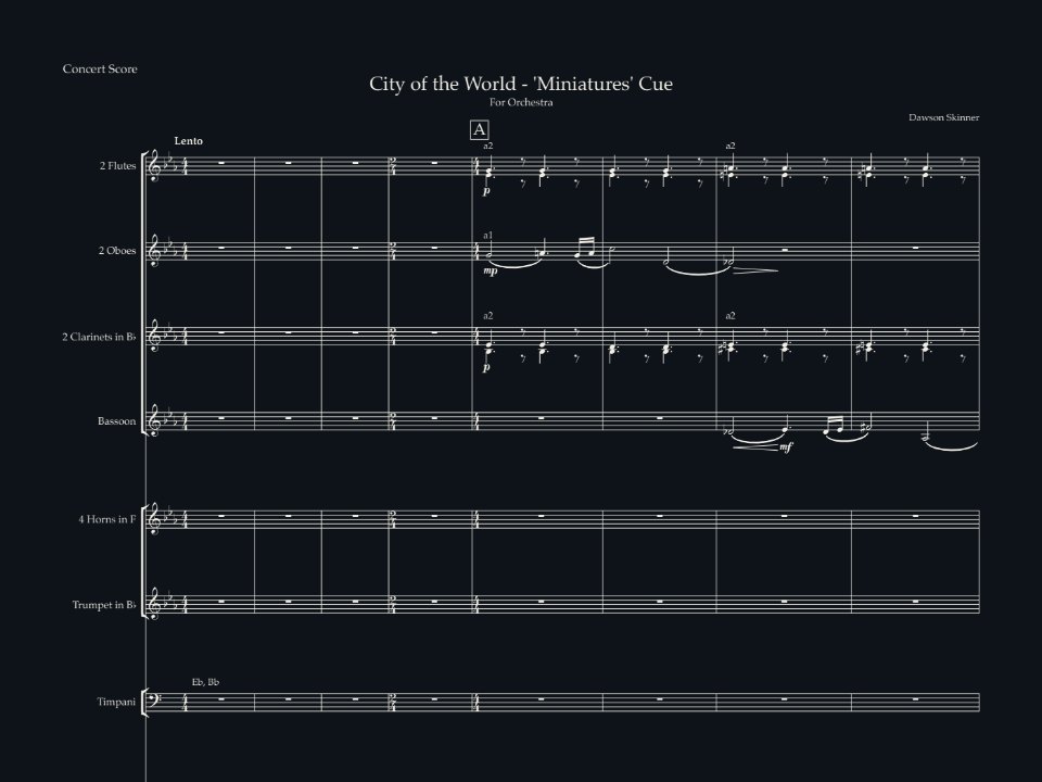 First page of the full score of City of the World, Miniatures cue, for orchestra